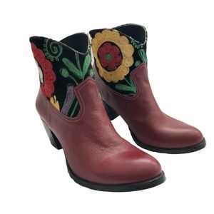 New Artemis Handmade Brick Red Leather Floral Embroidered Short Cowboy Boots